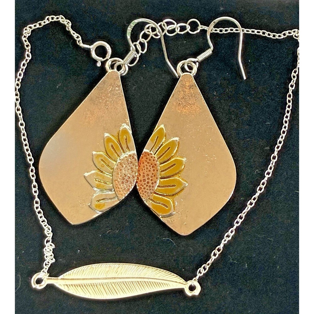 Nature Botanical Jewelry Lot 925 Silver Sunflower Earrings Gold Feather Bracelet